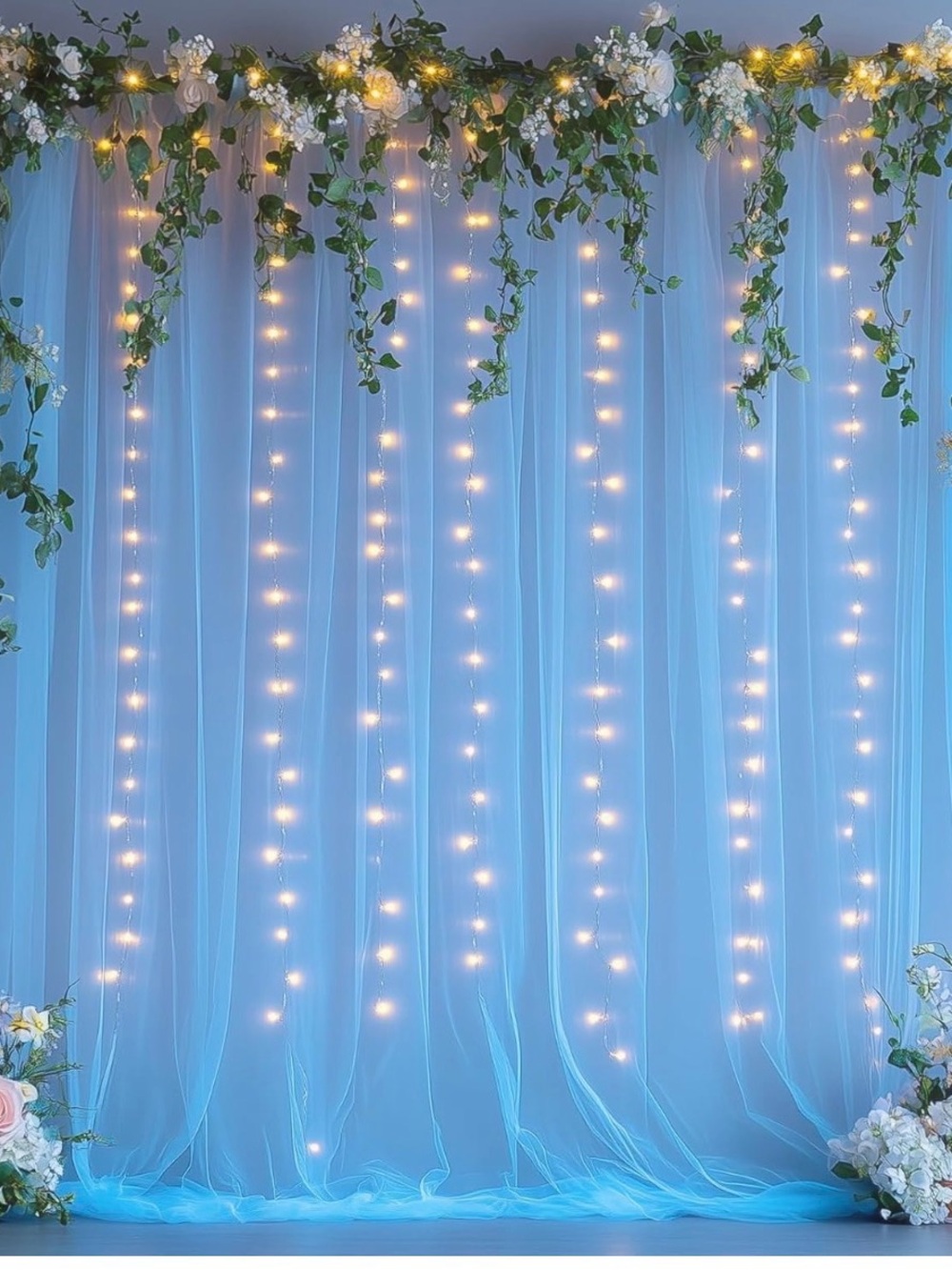 Fairy String Curtain Lights with Blue Backdrop for Home Party